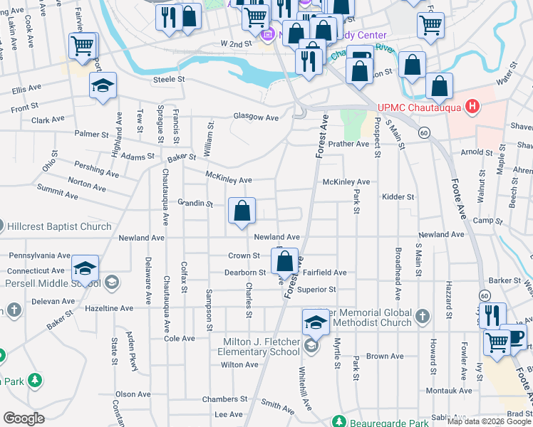 map of restaurants, bars, coffee shops, grocery stores, and more near 140 Barrett Avenue in Jamestown