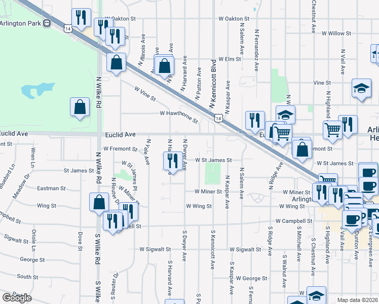 map of restaurants, bars, coffee shops, grocery stores, and more near 410 North Dwyer Avenue in Arlington Heights