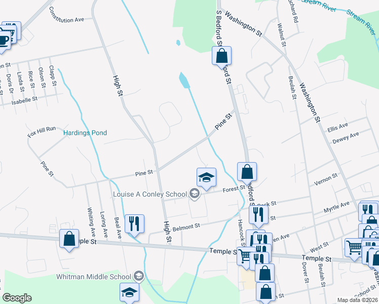 map of restaurants, bars, coffee shops, grocery stores, and more near 130 Pine Street in Whitman