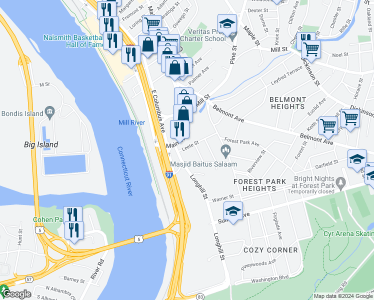 map of restaurants, bars, coffee shops, grocery stores, and more near 19 Leete Street in Springfield