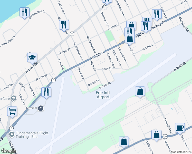 map of restaurants, bars, coffee shops, grocery stores, and more near 1416-1498 Hartt Road in Erie