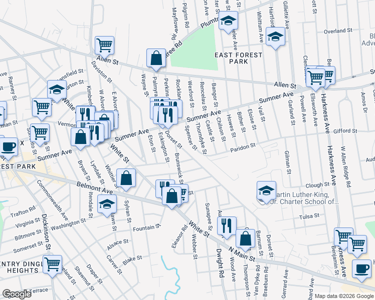 map of restaurants, bars, coffee shops, grocery stores, and more near 76 Dorset Street in Springfield