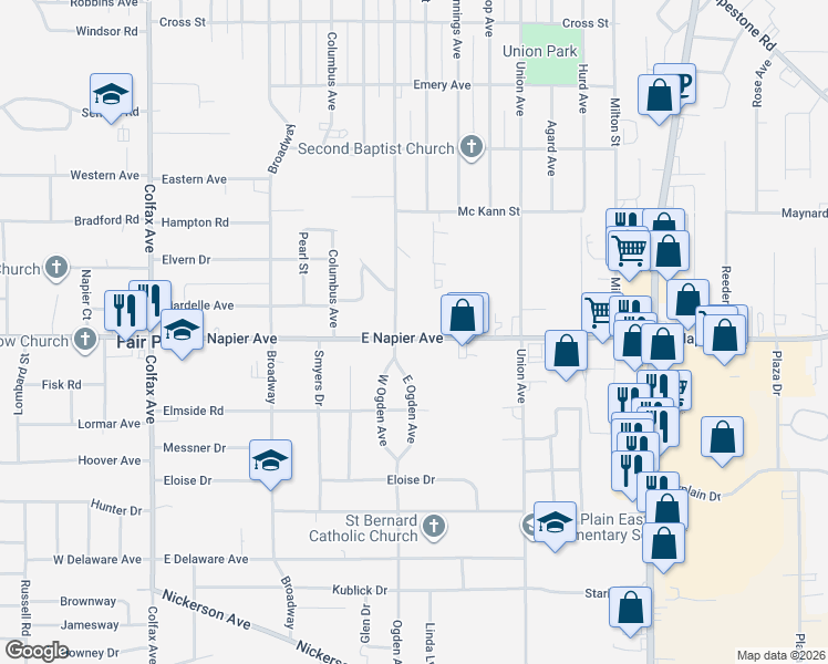 map of restaurants, bars, coffee shops, grocery stores, and more near 580 East Napier Avenue in Benton Harbor
