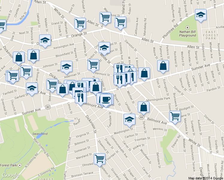 map of restaurants, bars, coffee shops, grocery stores, and more near Sumner Avenue in Springfield