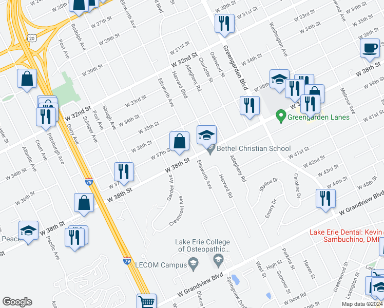 map of restaurants, bars, coffee shops, grocery stores, and more near 3730 Ellsworth Avenue in Erie