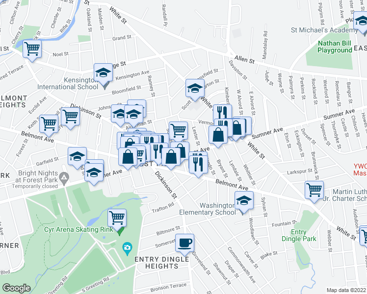 map of restaurants, bars, coffee shops, grocery stores, and more near 604 Sumner Avenue in Springfield