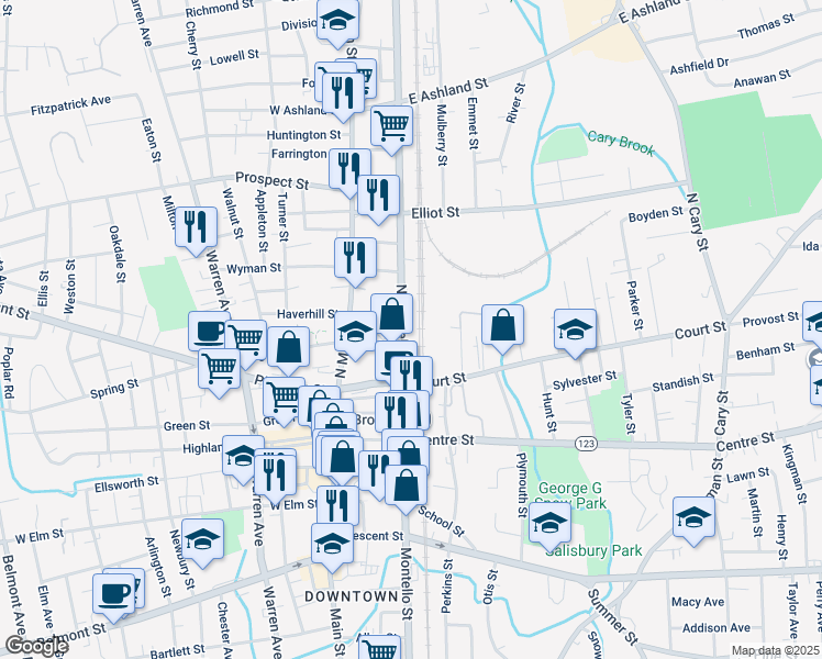 map of restaurants, bars, coffee shops, grocery stores, and more near 69 North Montello Street in Brockton