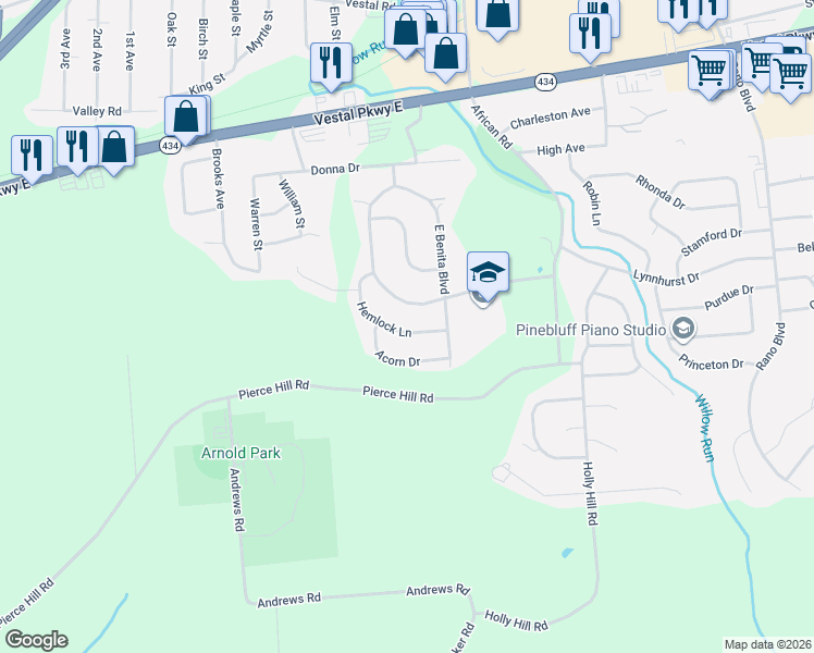 map of restaurants, bars, coffee shops, grocery stores, and more near 2309 Hemlock Lane in Vestal
