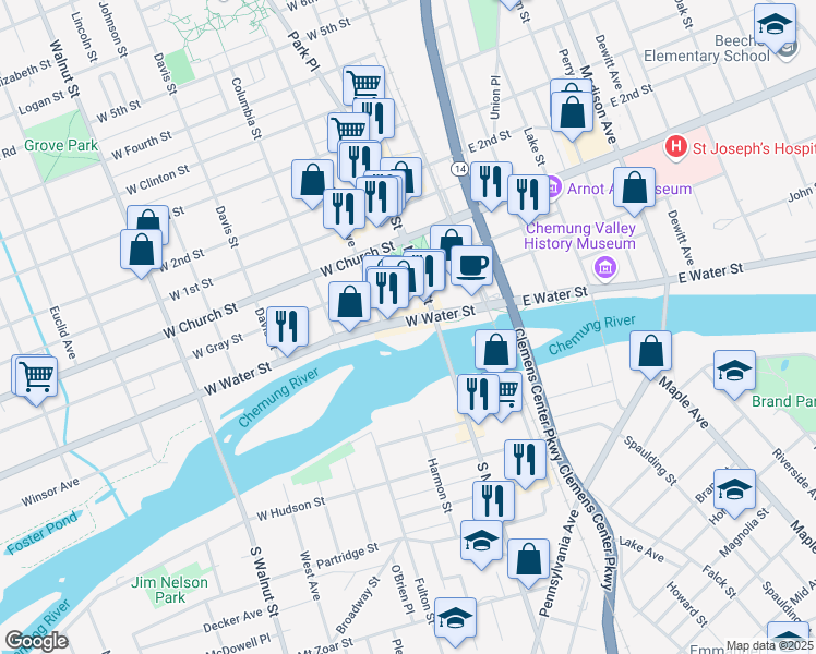 map of restaurants, bars, coffee shops, grocery stores, and more near 95 South Main Street in Elmira