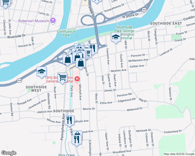 map of restaurants, bars, coffee shops, grocery stores, and more near 38 Vine Street in Binghamton