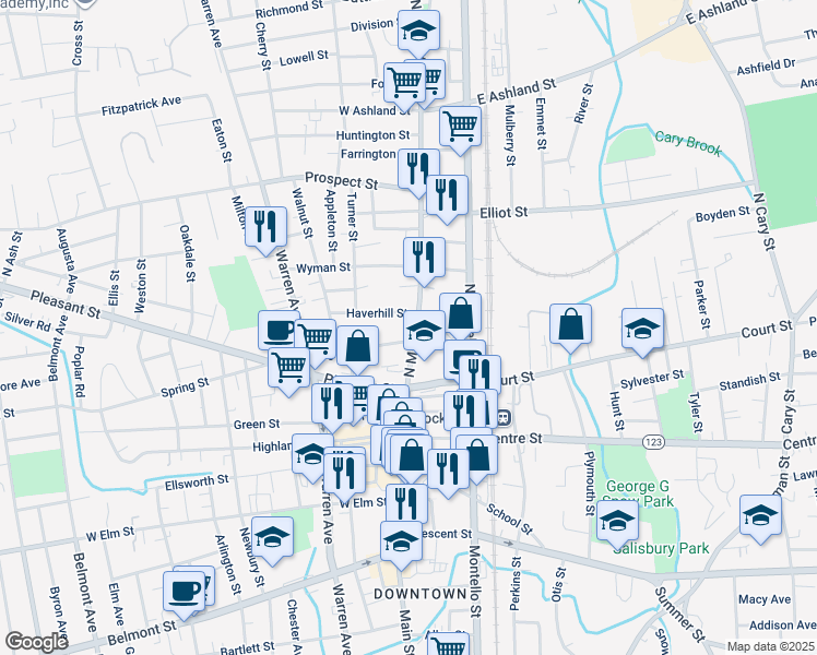 map of restaurants, bars, coffee shops, grocery stores, and more near 25 Spring Street in Brockton