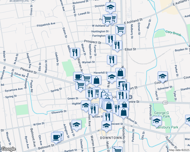 map of restaurants, bars, coffee shops, grocery stores, and more near 51 Spring Street in Brockton