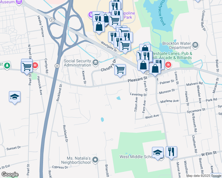 map of restaurants, bars, coffee shops, grocery stores, and more near in Brockton