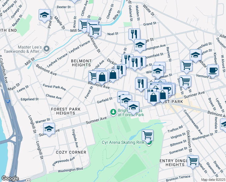 map of restaurants, bars, coffee shops, grocery stores, and more near 15-19 Litchfield Street in Springfield