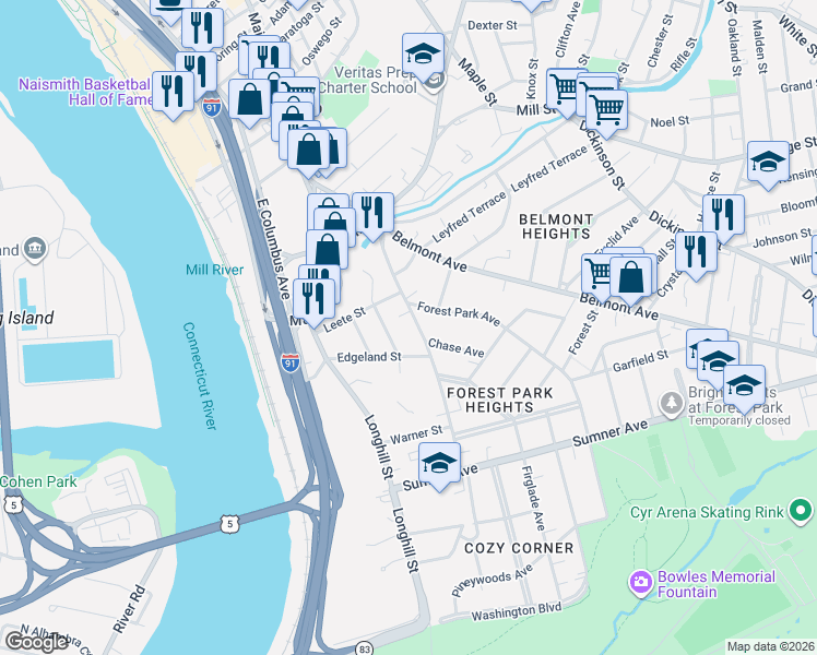 map of restaurants, bars, coffee shops, grocery stores, and more near 41-43 Longview Street in Springfield