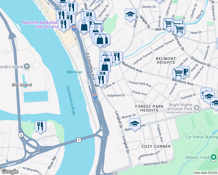 map of restaurants, bars, coffee shops, grocery stores, and more near 9 Leete Street in Springfield