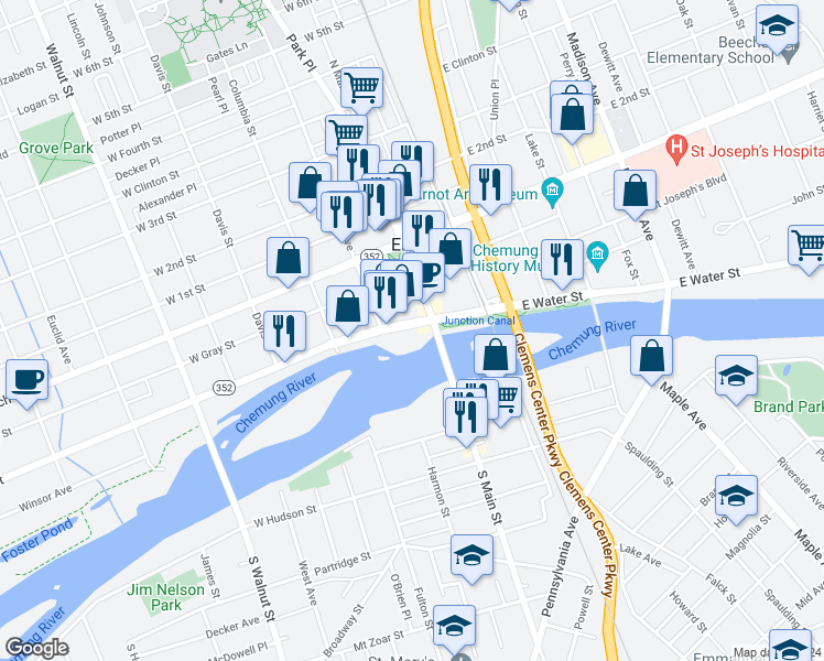 map of restaurants, bars, coffee shops, grocery stores, and more near 95 South Main Street in Elmira