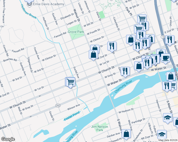 map of restaurants, bars, coffee shops, grocery stores, and more near 526 West Church Street in Elmira