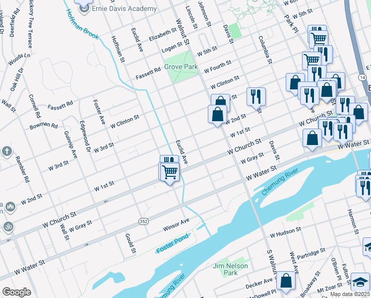 map of restaurants, bars, coffee shops, grocery stores, and more near 611-649 West 1st Street in Elmira