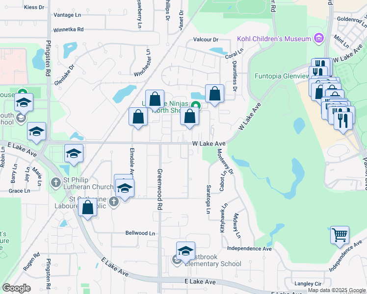 map of restaurants, bars, coffee shops, grocery stores, and more near 1760 Pickwick Lane in Glenview