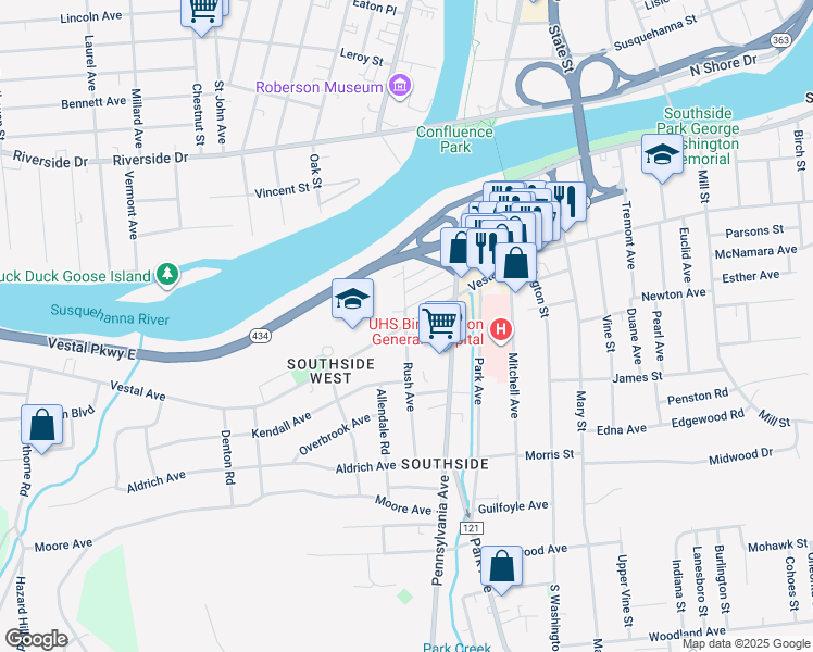 map of restaurants, bars, coffee shops, grocery stores, and more near 37 Rush Avenue in Binghamton