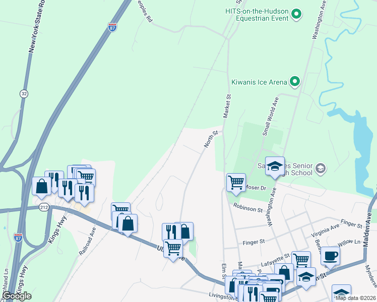 map of restaurants, bars, coffee shops, grocery stores, and more near 83 North Street in Saugerties