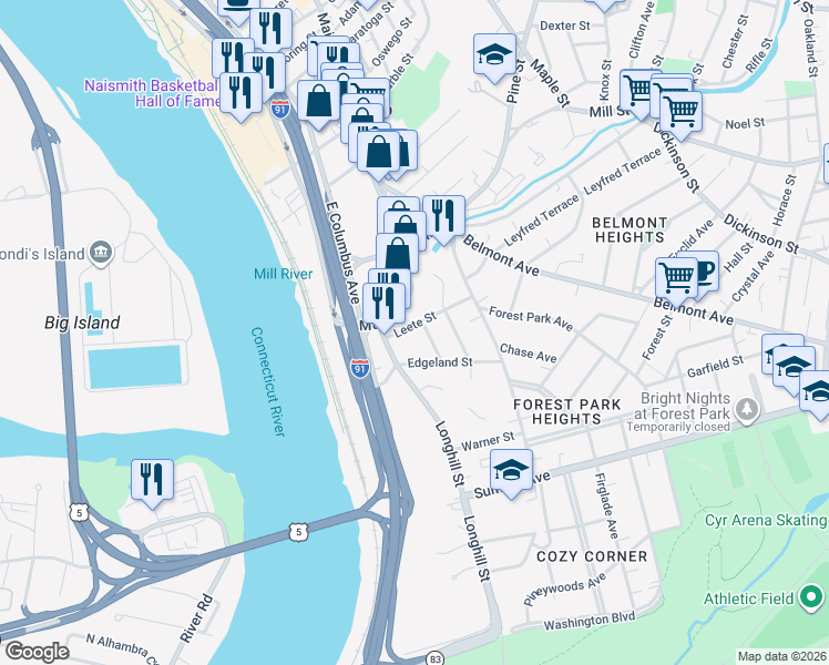 map of restaurants, bars, coffee shops, grocery stores, and more near 9 Leete Street in Springfield
