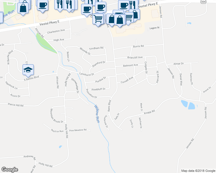 map of restaurants, bars, coffee shops, grocery stores, and more near 2633 Pinebluff Drive in Vestal