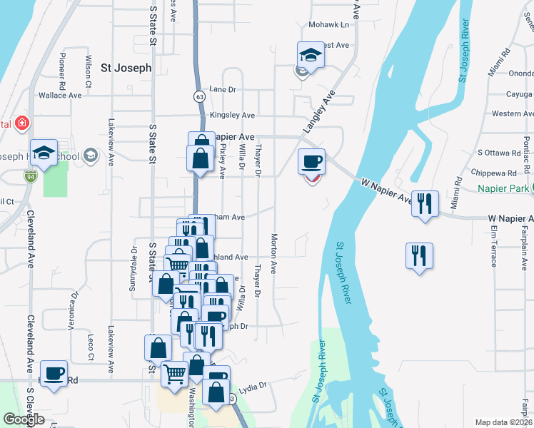 map of restaurants, bars, coffee shops, grocery stores, and more near 2700 Morton Avenue in St. Joseph
