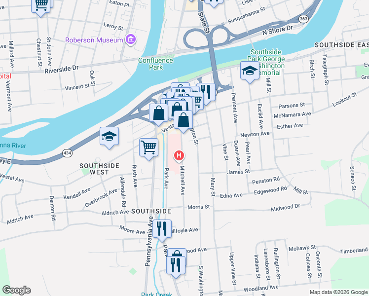 map of restaurants, bars, coffee shops, grocery stores, and more near 21 Mitchell Avenue in Binghamton