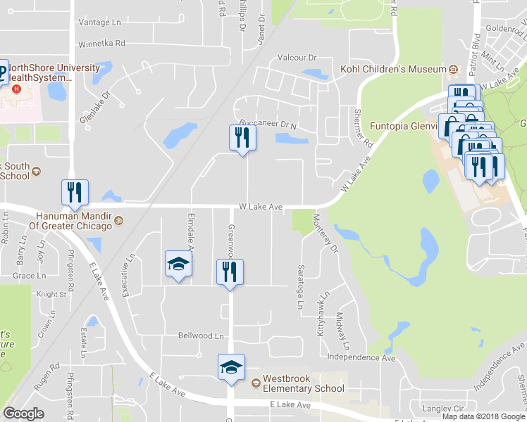 map of restaurants, bars, coffee shops, grocery stores, and more near 1772 Pickwick Lane in Glenview