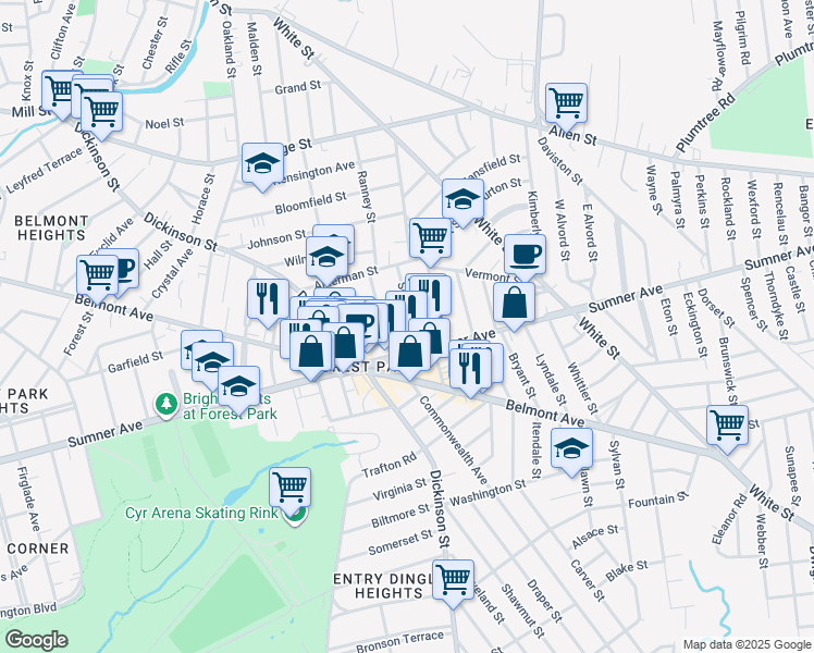 map of restaurants, bars, coffee shops, grocery stores, and more near 73 Ventura Street in Springfield