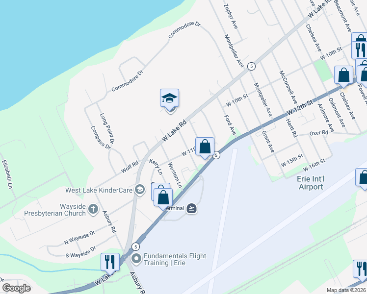 map of restaurants, bars, coffee shops, grocery stores, and more near 4330 West 11th Street in Erie