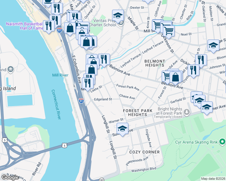 map of restaurants, bars, coffee shops, grocery stores, and more near 116 Fort Pleasant Avenue in Springfield