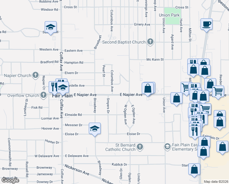 map of restaurants, bars, coffee shops, grocery stores, and more near 429e East Napier Avenue in Benton Harbor