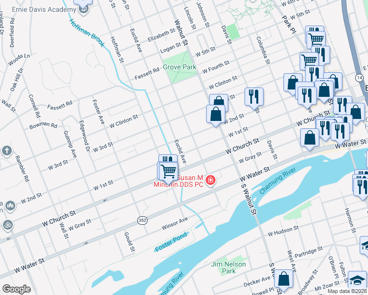 map of restaurants, bars, coffee shops, grocery stores, and more near 354 Euclid Avenue in Elmira