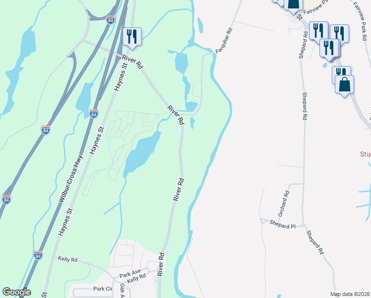 map of restaurants, bars, coffee shops, grocery stores, and more near 45 River Road in Sturbridge