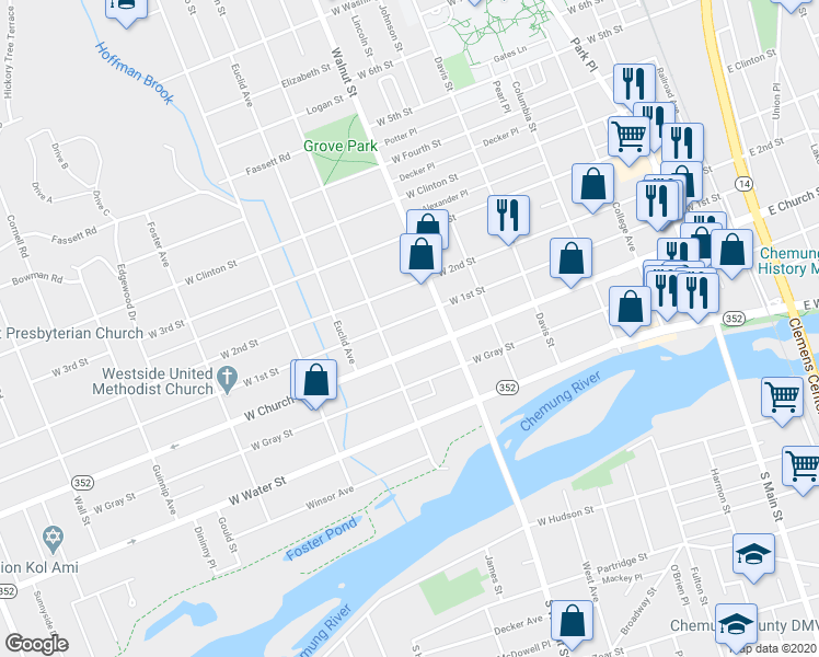 map of restaurants, bars, coffee shops, grocery stores, and more near 517 West 1st Street in Elmira