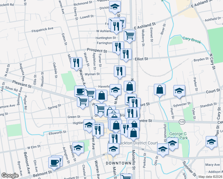 map of restaurants, bars, coffee shops, grocery stores, and more near 20 Haverhill Street in Brockton