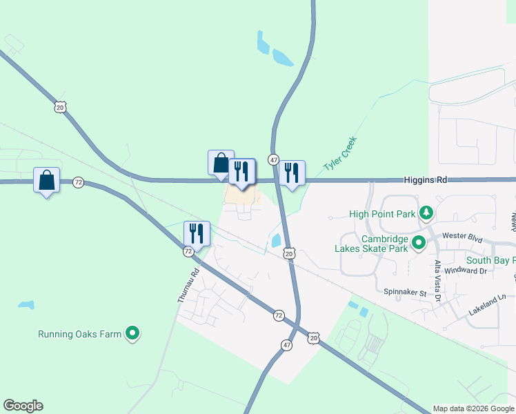 map of restaurants, bars, coffee shops, grocery stores, and more near 2305 Upland Road in Pingree Grove