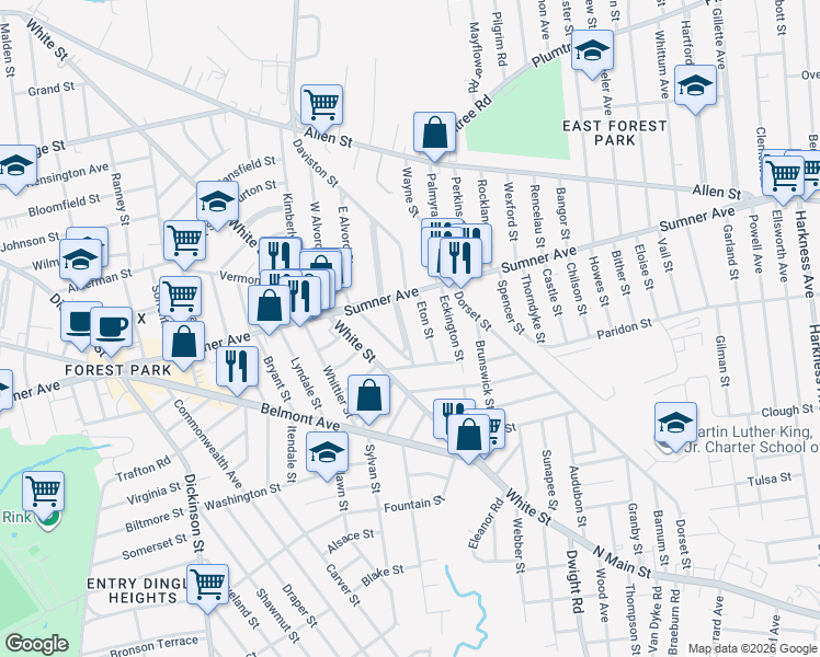 map of restaurants, bars, coffee shops, grocery stores, and more near 49 Trinity Terrace in Springfield