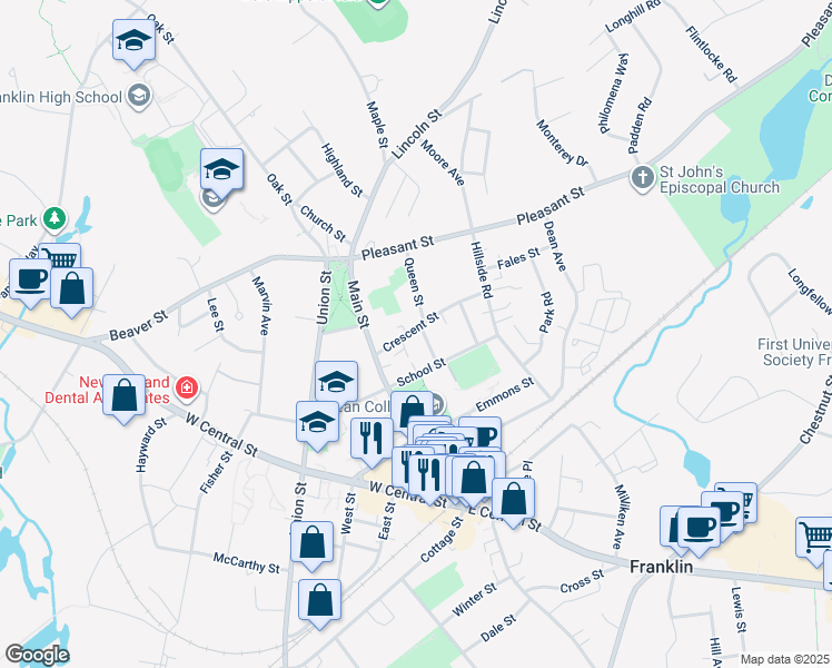 map of restaurants, bars, coffee shops, grocery stores, and more near 16 Garfield Street in Franklin