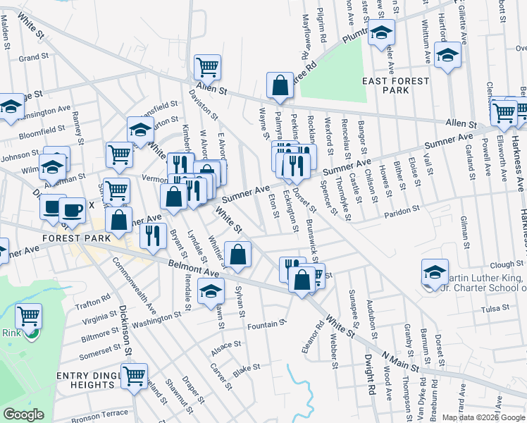 map of restaurants, bars, coffee shops, grocery stores, and more near 49 Trinity Terrace in Springfield