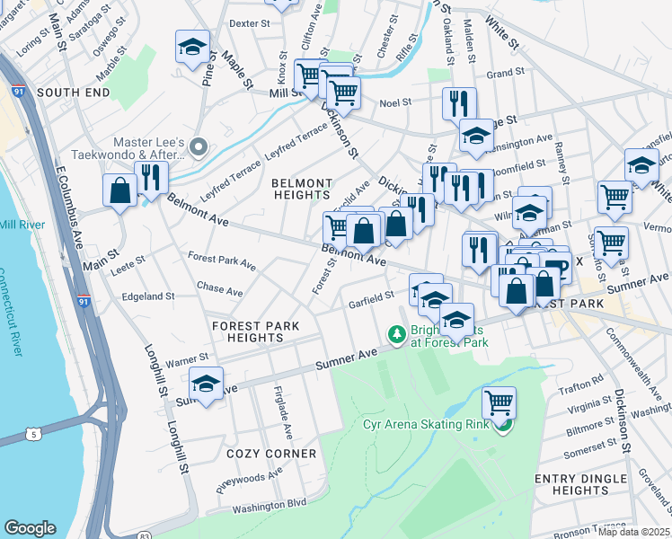 map of restaurants, bars, coffee shops, grocery stores, and more near 37 Forest Street in Springfield