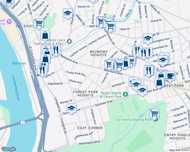 map of restaurants, bars, coffee shops, grocery stores, and more near 21 Mountainview Street in Springfield