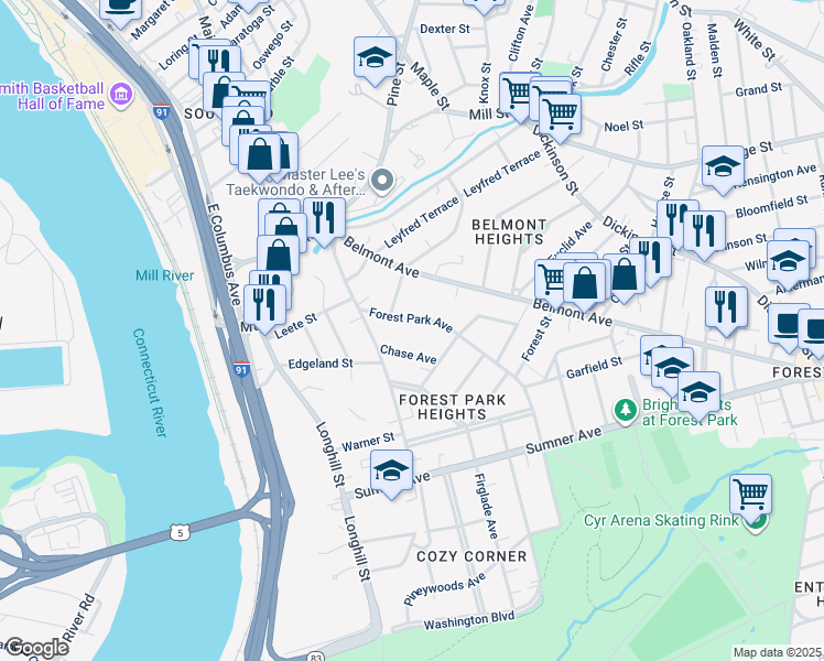 map of restaurants, bars, coffee shops, grocery stores, and more near 11 Chase Avenue in Springfield
