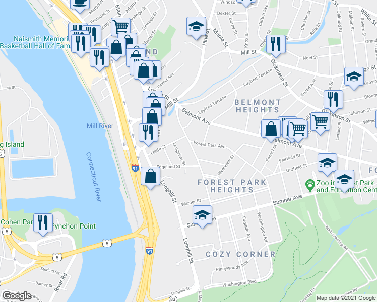 map of restaurants, bars, coffee shops, grocery stores, and more near 41-43 Longview Street in Springfield