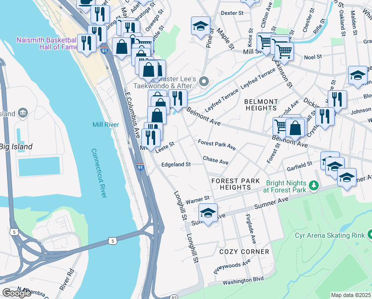 map of restaurants, bars, coffee shops, grocery stores, and more near 41-43 Longview Street in Springfield