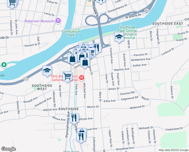 map of restaurants, bars, coffee shops, grocery stores, and more near 74 Mary Street in Binghamton