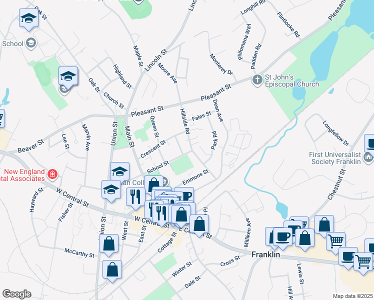 map of restaurants, bars, coffee shops, grocery stores, and more near 5 School St in Franklin